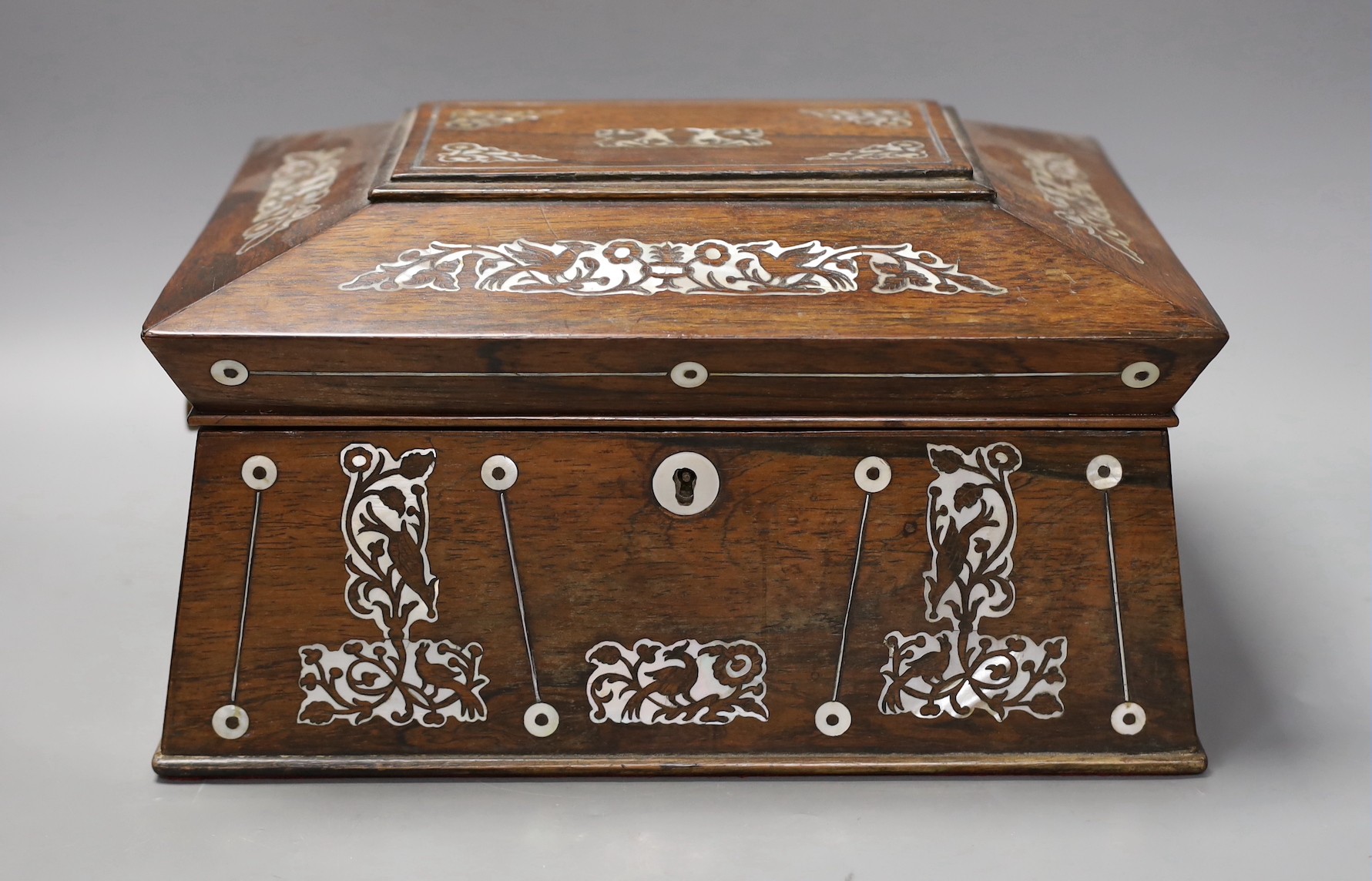 A Victorian mother of pearl inlaid rosewood workbox, 30cm